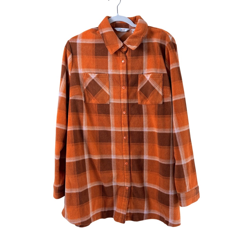 Denim & Co Fleece Shacket Size L Orange Brown Plaid Snap Front Pocket Lumberjack